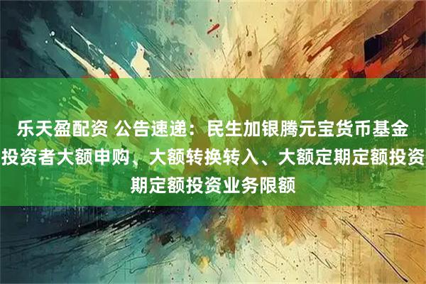 乐天盈配资 公告速递：民生加银腾元宝货币基金调整个人投资者大额申购、大额转换转入、大额定期定额投资业务限额